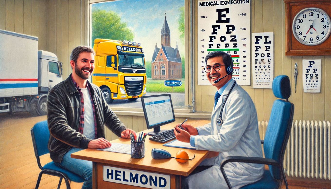 Medische keuring rijbewijs Helmond met een keuringsarts die een vrachtwagen chauffeur keurt. Op de achtergrond een vrachtwagen