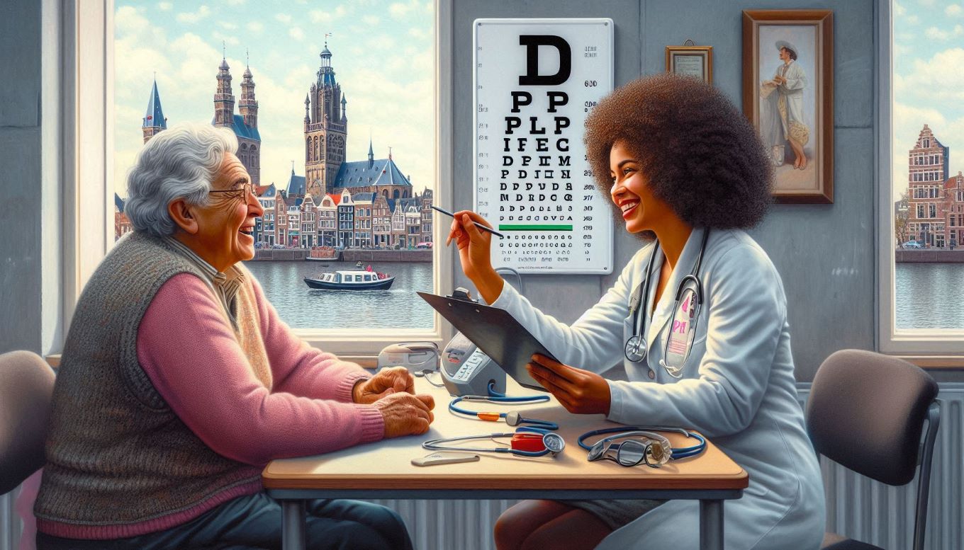 Een rijbewijskeuring met een 75 plusser. Met een oogtest aan de muur en een bloeddrukmeter op tafel